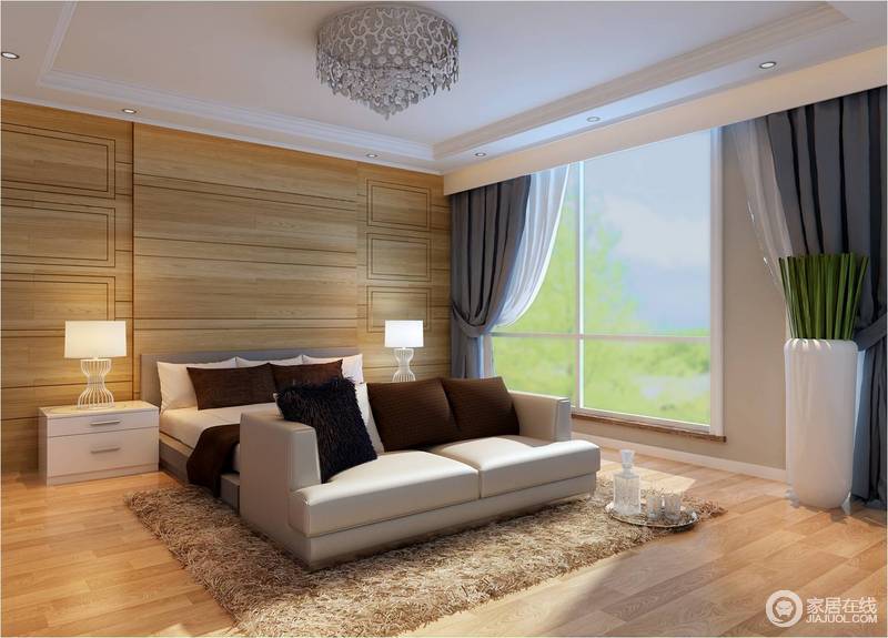 木质地面及背景墙一派自然田园的景象。驼色家具与深咖色靠垫组合出简洁现代的卧室。