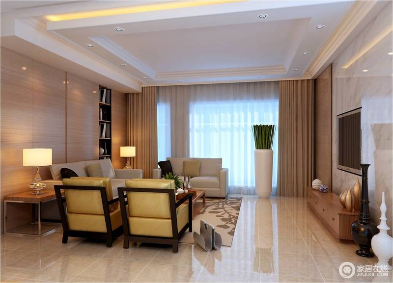 现代简约的客厅少了繁琐的设计形式，以简单的线条及家具构建起空间清丽的画面。