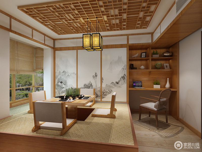 清新的原木色搭配中式的水墨画，在日式榻榻米风格中，诠释了主人宁静自然的家居格调。一体式的写字台，顶面悬空的收纳柜，使空间得到合理的利用。