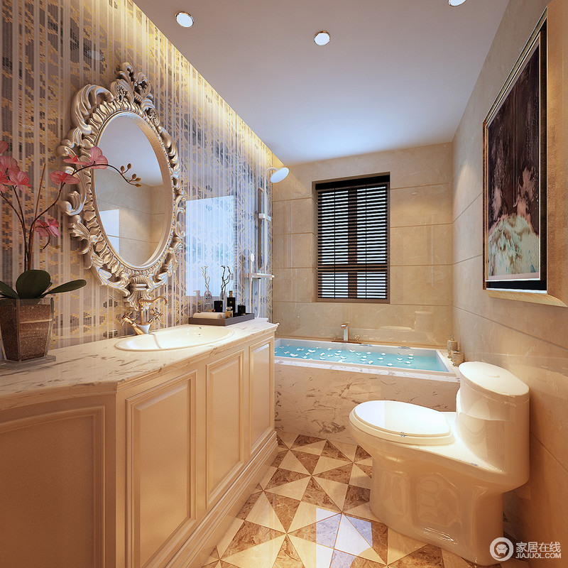 暖色系的卫浴间充满了西式复古的梦幻感，营造着欧式生活的尊贵；设计师利用玻璃来打造花纹砖面的朦胧感与通透度，欧式精雕的镜子体现了设计的精髓，也令卫浴间更浪漫。
