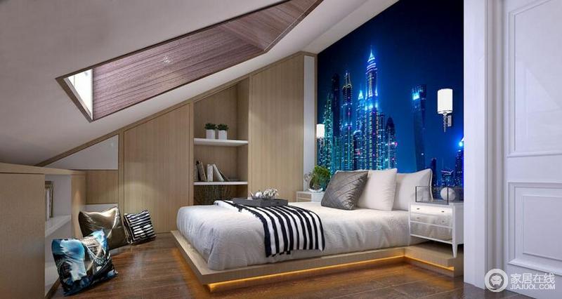 充分利用卧室的坡度，位置合适的天井，晚上躺在床上可以一览广阔天空，蓝色的背景墙，更给一种在大城市的身临其境。