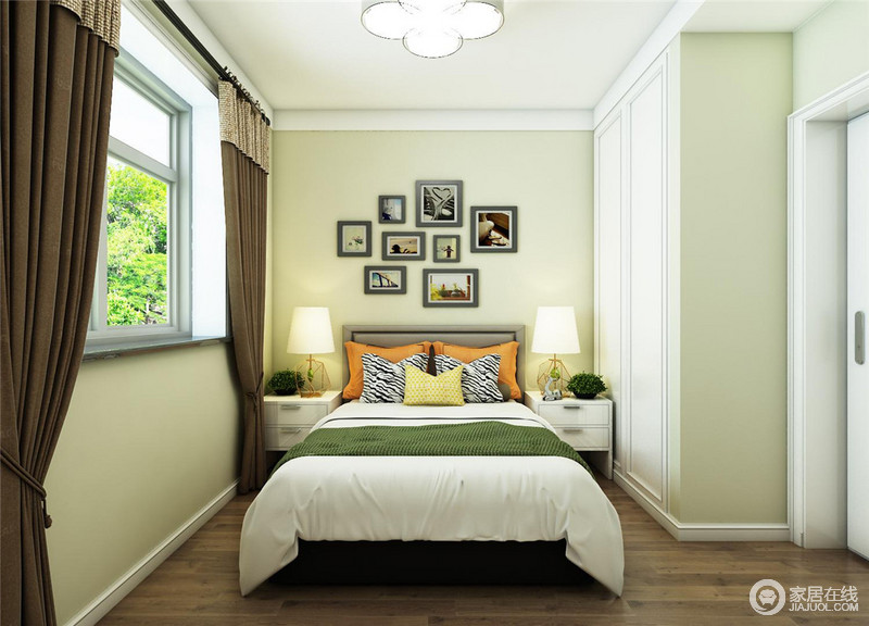 米色比起白色来，多了份丝滑的柔和感，营造出平素雅淡的意境来。绿植色和橘黄床品释放了空间的单调感。而棕褐色窗帘，则为静谧的休憩环境带来保证。