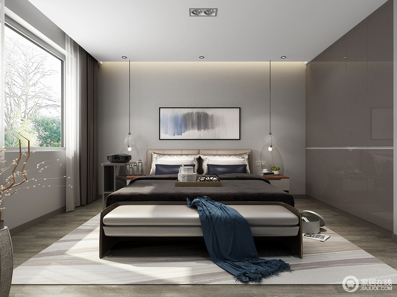 卧室整体采用简约设计，黑白灰三种色调作为主要搭配，加以藏蓝色作为点缀，凸显质感的前提下又显得更为庄重，让用户生活的空间更为舒适。