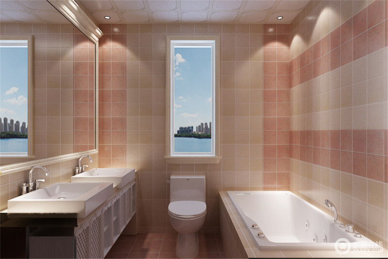 在浪漫的主题下，就连卫生间都带着一丝甜美的气质。拼接的墙面色彩明快活泼，使人在泡澡的时候，身心得到最大化的舒缓和放松。搭配双盥洗台的超大浴室镜，延展空间视觉。