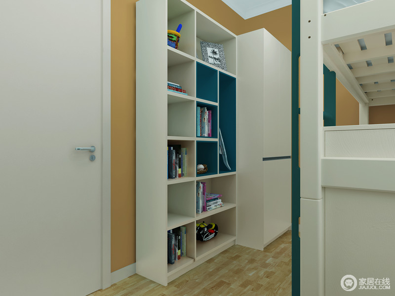 展示书架，可以充分利用家里不大的儿童房空间。入户先放薄书柜这样就不会显得入门太拥挤，通过开放格的高低设计让空间变得层次丰富。